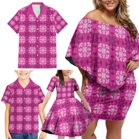Pink Hawaiian Quilt Family Matching Off Shoulder Short Dress and Hawaiian Shirt Hawaii Pineapple Monstera Palaka Motifs - Polynesian Pride