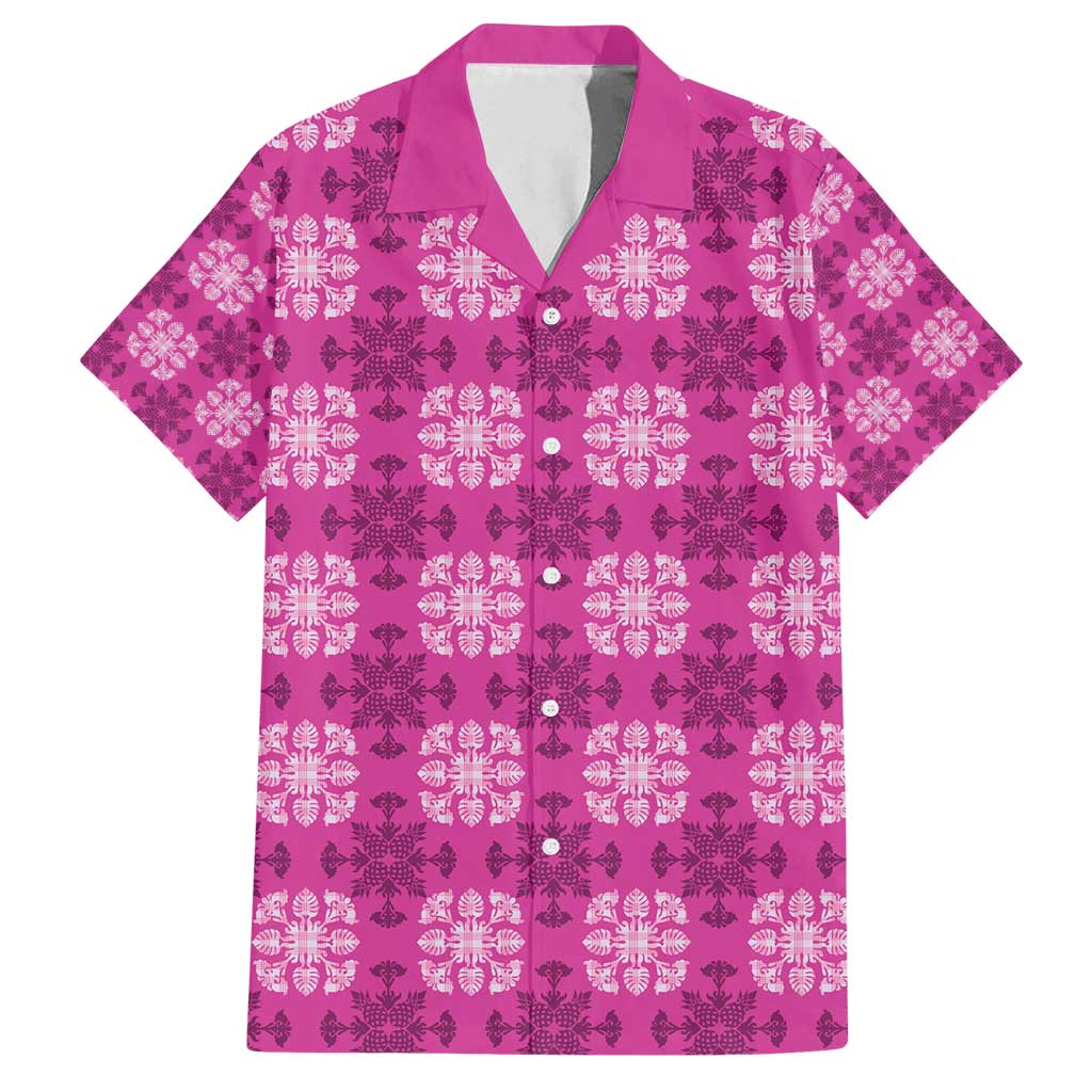 Pink Hawaiian Quilt Family Matching Off Shoulder Short Dress and Hawaiian Shirt Hawaii Pineapple Monstera Palaka Motifs - Polynesian Pride