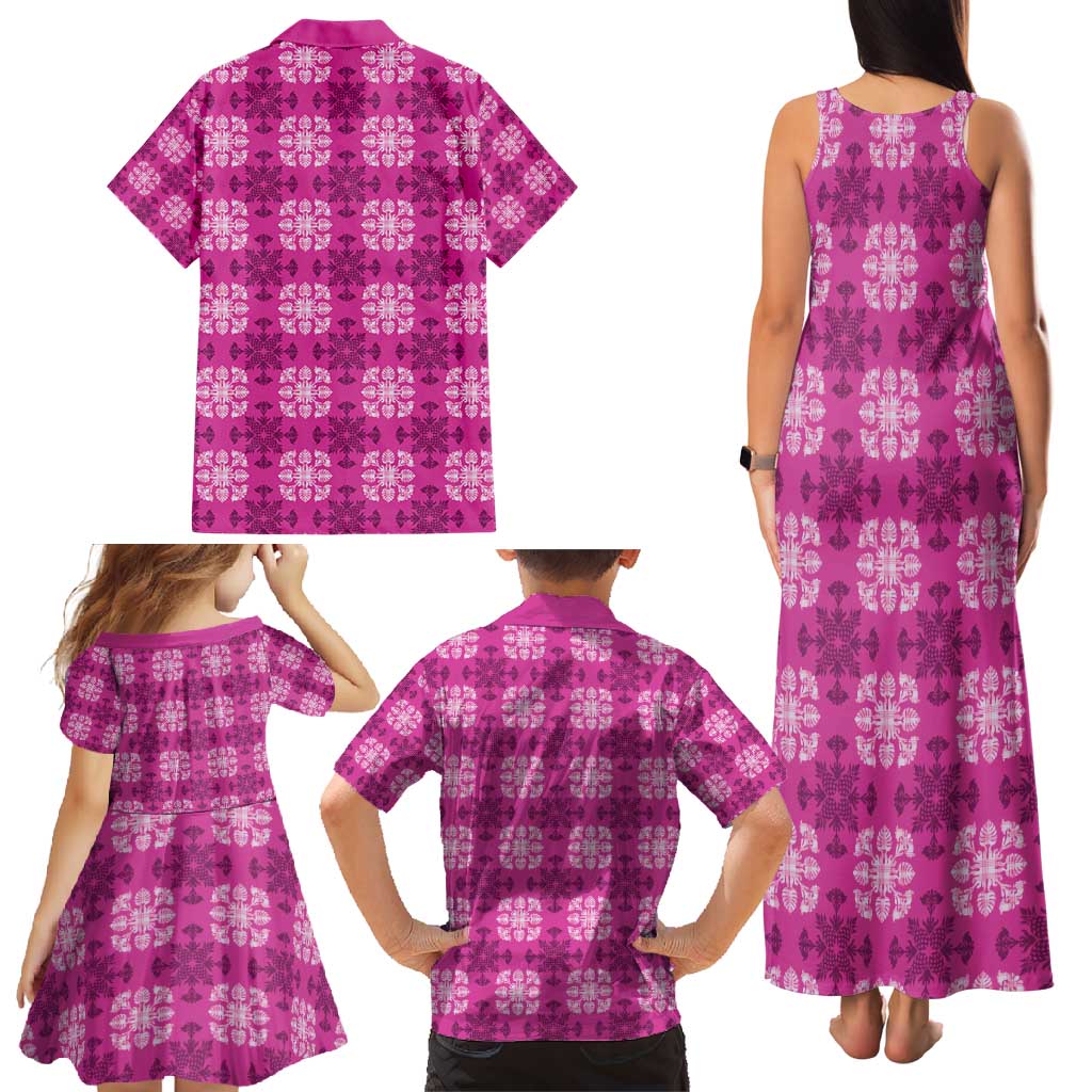 Pink Hawaiian Quilt Family Matching Tank Maxi Dress and Hawaiian Shirt Hawaii Pineapple Monstera Palaka Motifs - Polynesian Pride