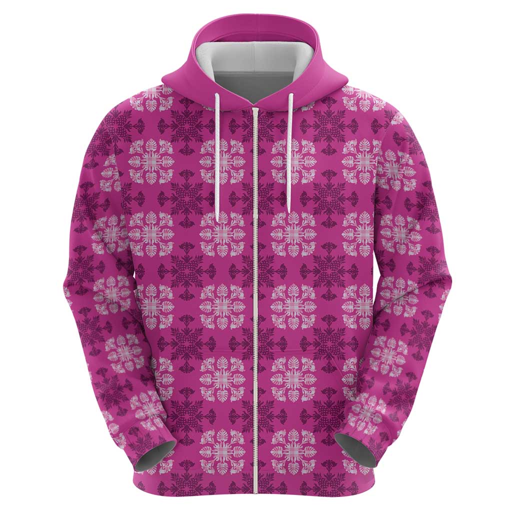 Pink Hawaiian Quilt Hoodie Hawaii Pineapple Monstera Palaka Motifs - Polynesian Pride