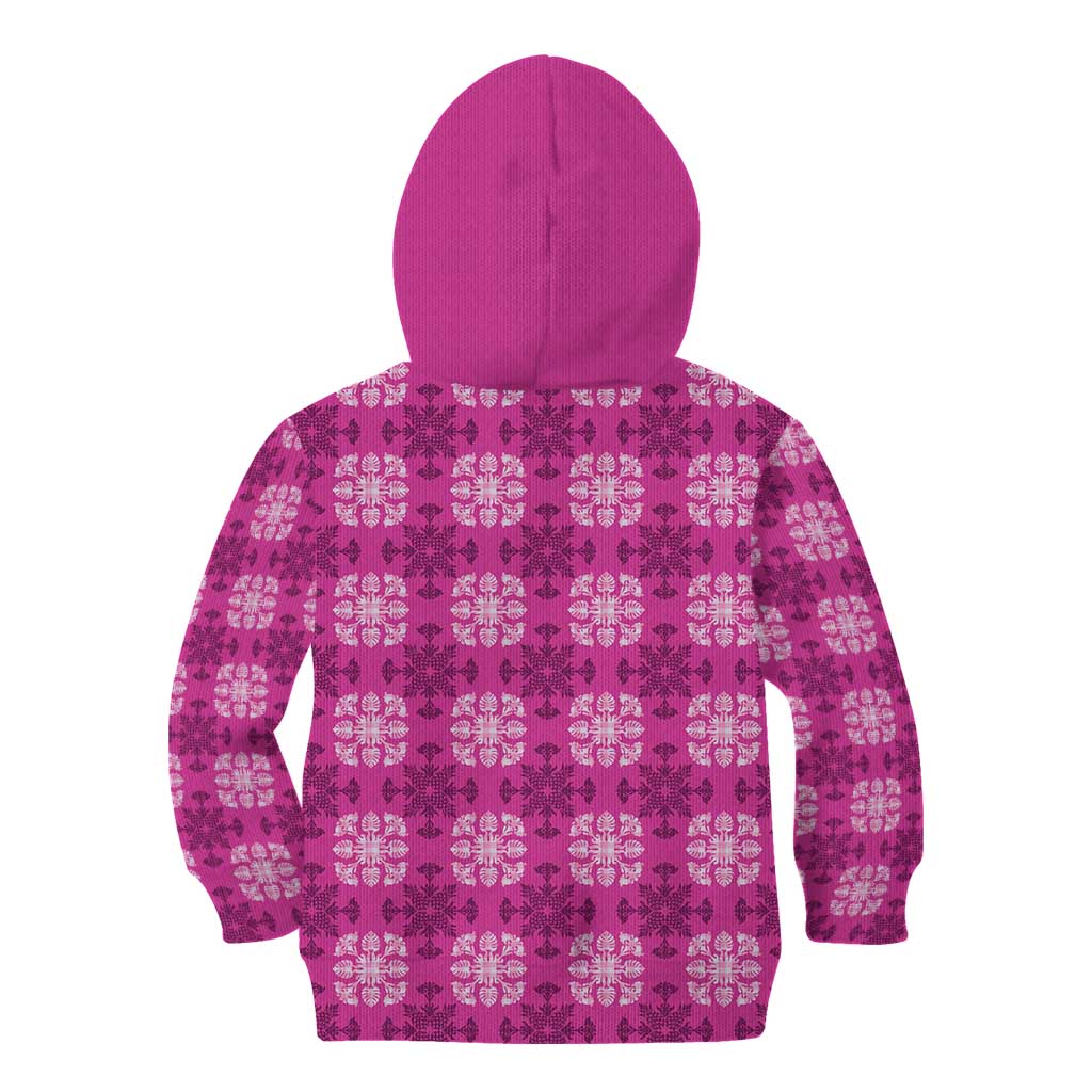 Pink Hawaiian Quilt Kid Hoodie Hawaii Pineapple Monstera Palaka Motifs - Polynesian Pride