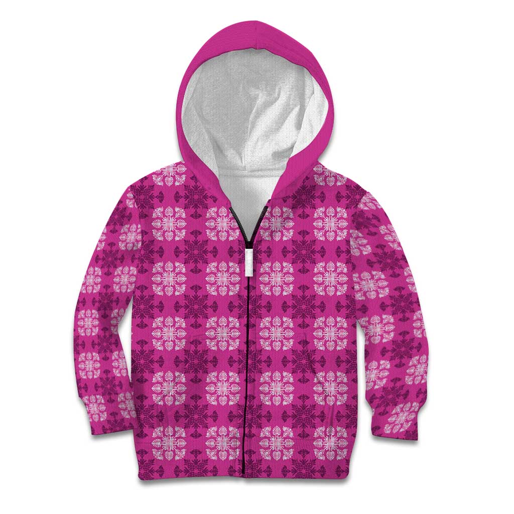 Pink Hawaiian Quilt Kid Hoodie Hawaii Pineapple Monstera Palaka Motifs - Polynesian Pride