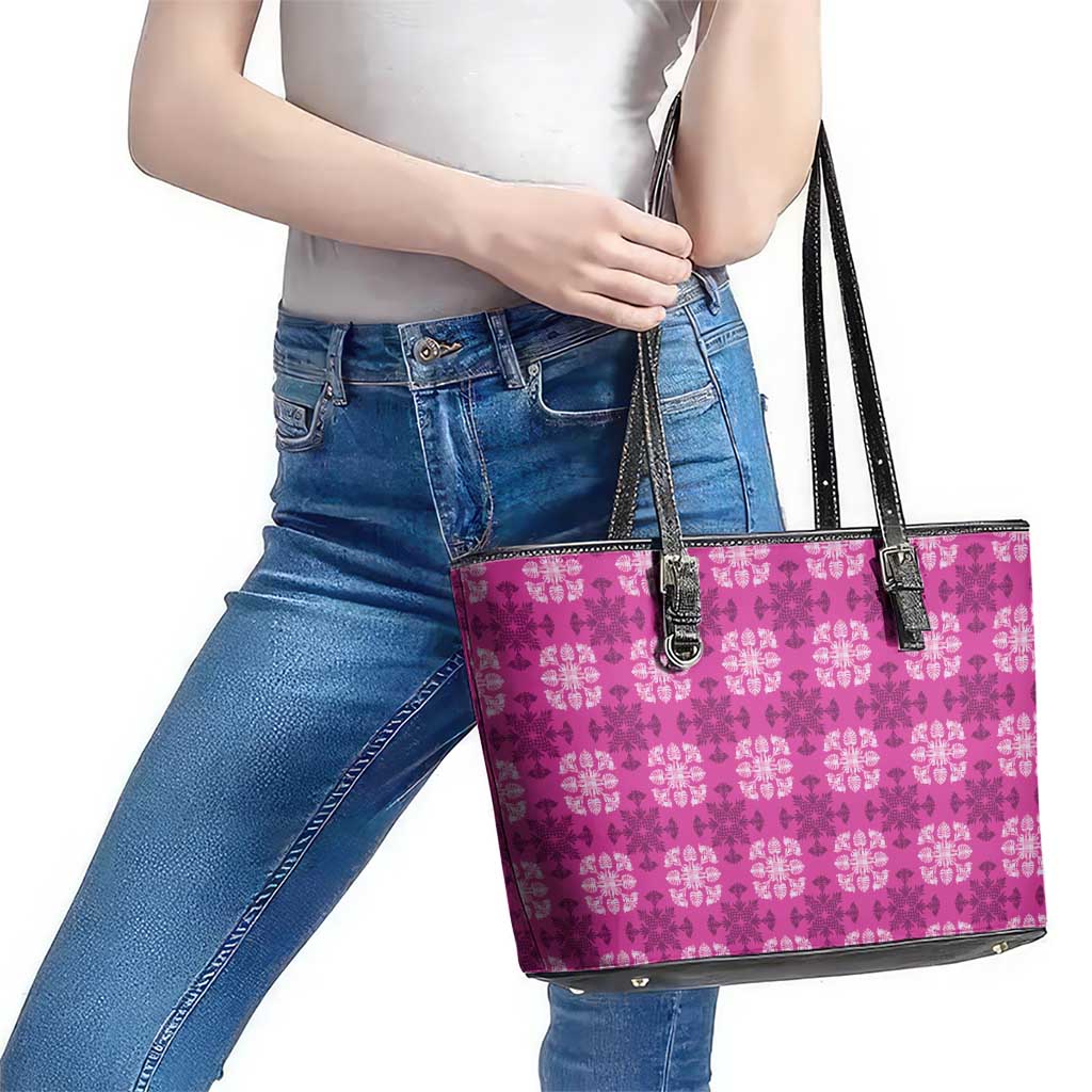 Pink Hawaiian Quilt Leather Tote Bag Hawaii Pineapple Monstera Palaka Motifs - Polynesian Pride