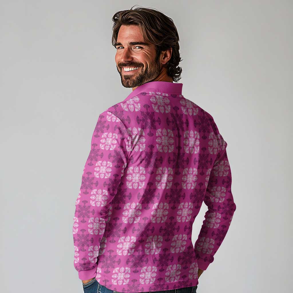 Pink Hawaiian Quilt Long Sleeve Polo Shirt Hawaii Pineapple Monstera Palaka Motifs - Polynesian Pride