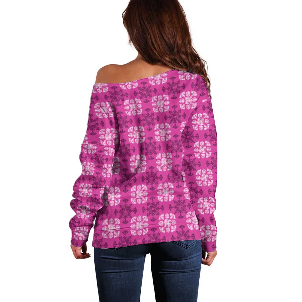 Pink Hawaiian Quilt Off Shoulder Sweater Hawaii Pineapple Monstera Palaka Motifs - Polynesian Pride