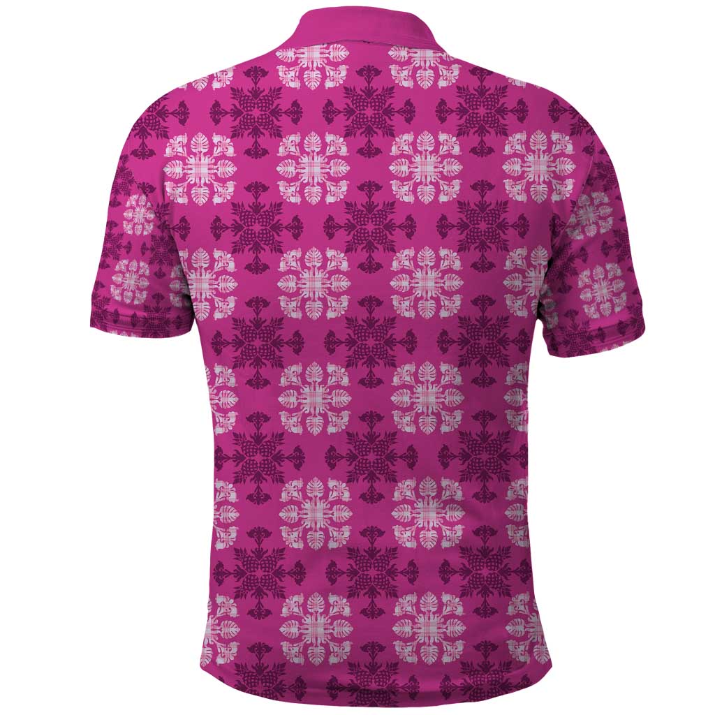 Pink Hawaiian Quilt Polo Shirt Hawaii Pineapple Monstera Palaka Motifs - Polynesian Pride