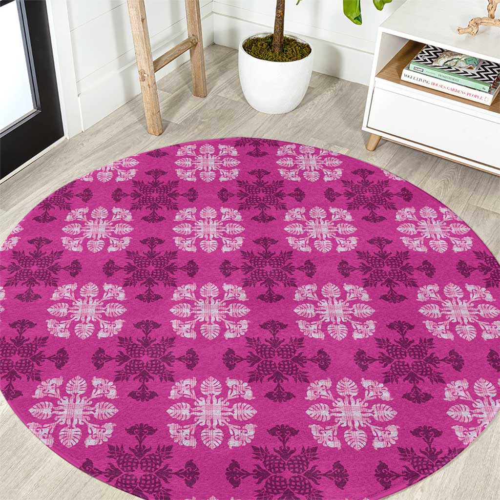 Pink Hawaiian Quilt Round Carpet Hawaii Pineapple Monstera Palaka Motifs - Polynesian Pride