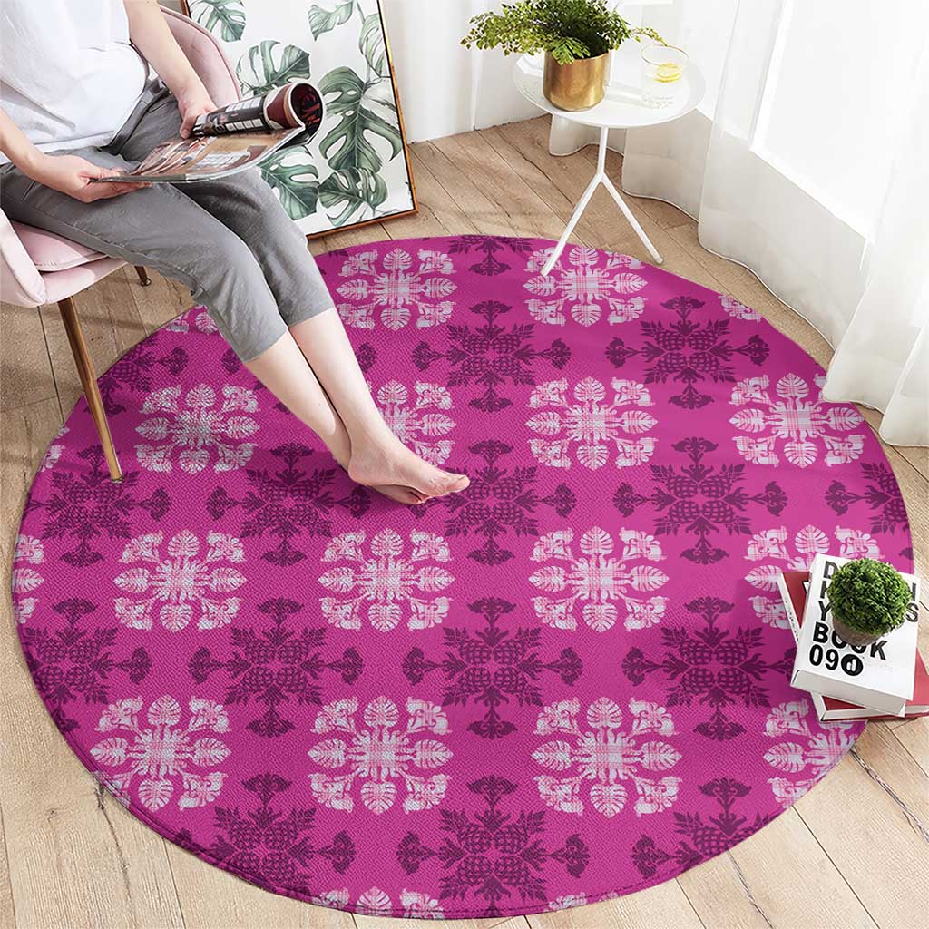 Pink Hawaiian Quilt Round Carpet Hawaii Pineapple Monstera Palaka Motifs - Polynesian Pride