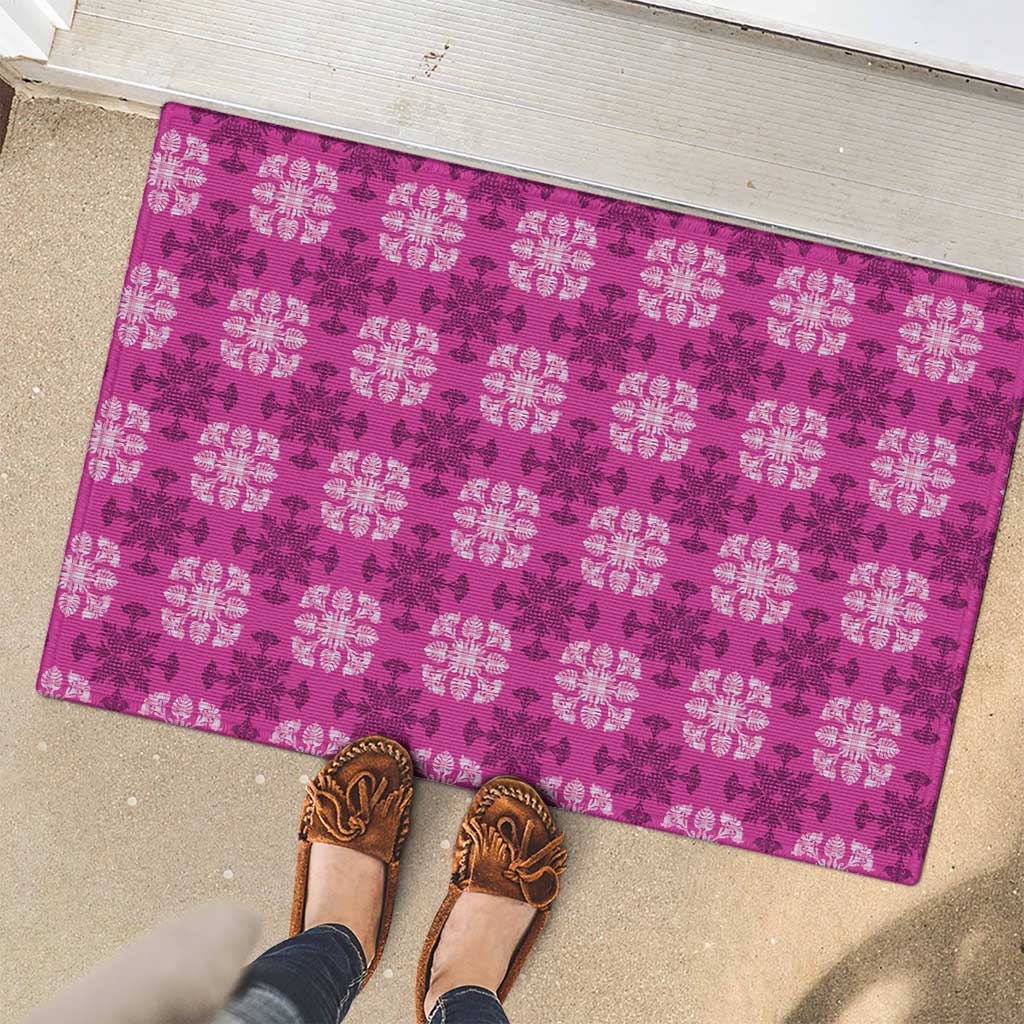 Pink Hawaiian Quilt Rubber Doormat Hawaii Pineapple Monstera Palaka Motifs - Polynesian Pride