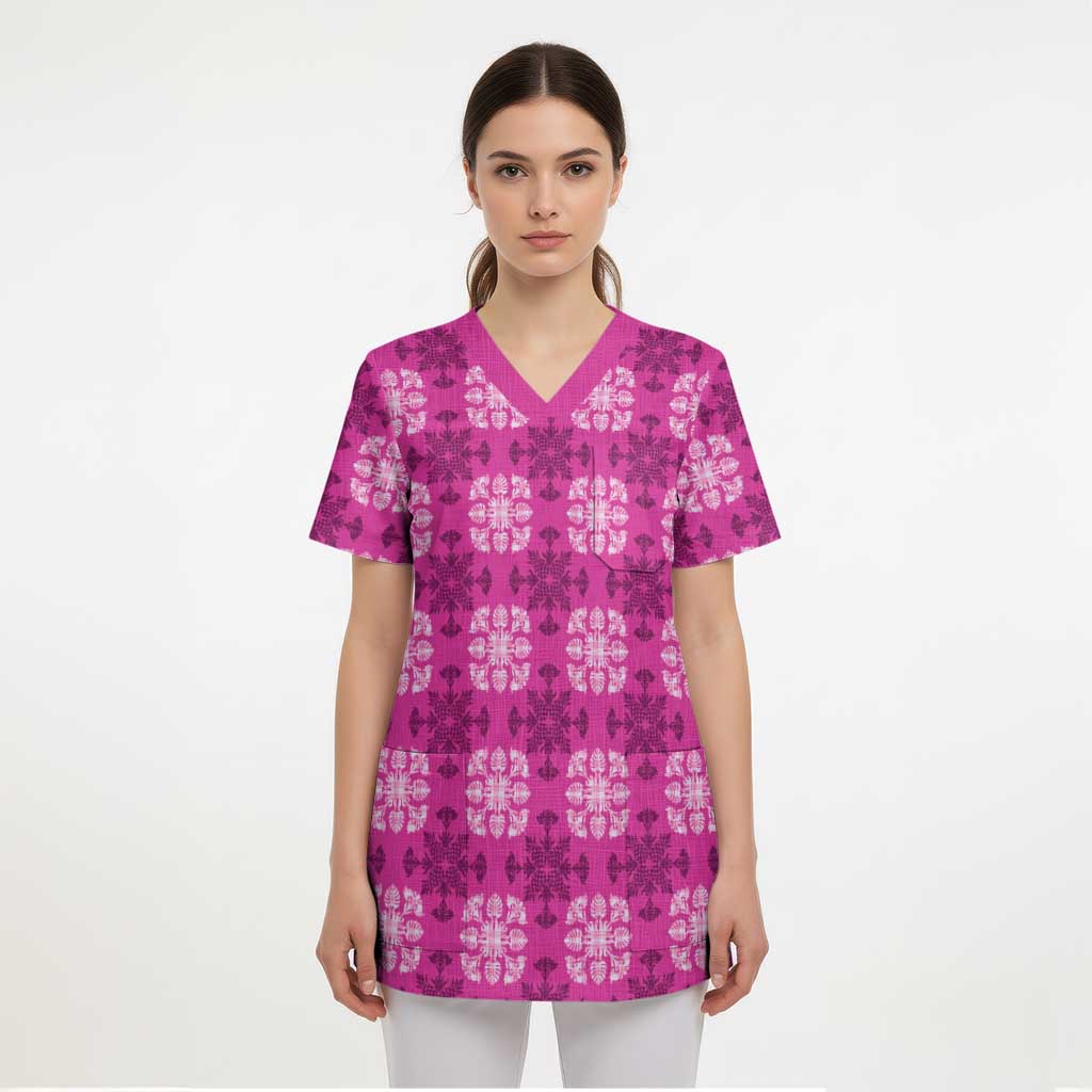 Pink Hawaiian Quilt Scrub Top Hawaii Pineapple Monstera Palaka Motifs - Polynesian Pride