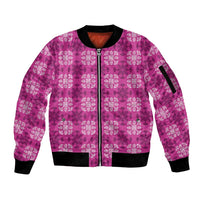 Pink Hawaiian Quilt Sleeve Zip Bomber Jacket Hawaii Pineapple Monstera Palaka Motifs - Polynesian Pride