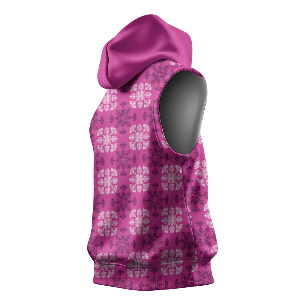 Pink Hawaiian Quilt Sleeveless Hoodie Hawaii Pineapple Monstera Palaka Motifs - Polynesian Pride