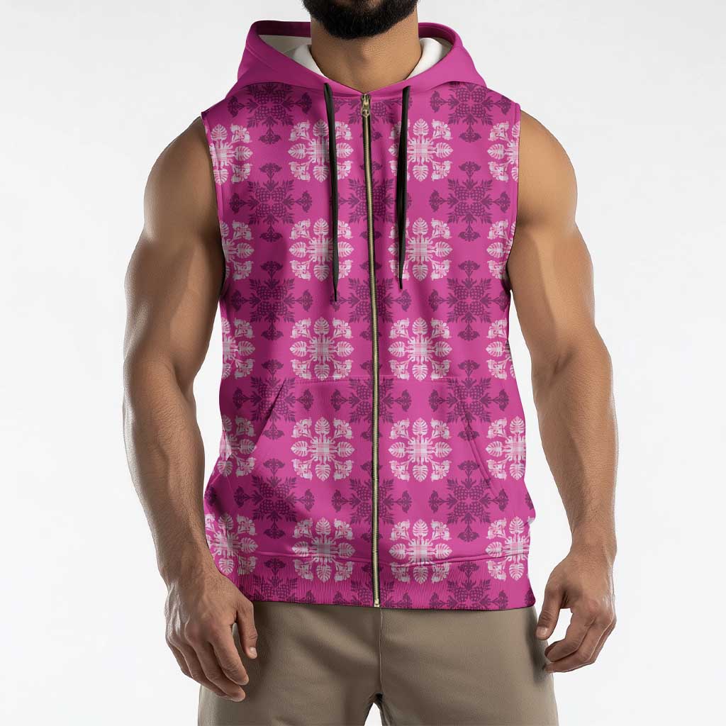 Pink Hawaiian Quilt Sleeveless Zip Hoodie Hawaii Pineapple Monstera Palaka Motifs - Polynesian Pride