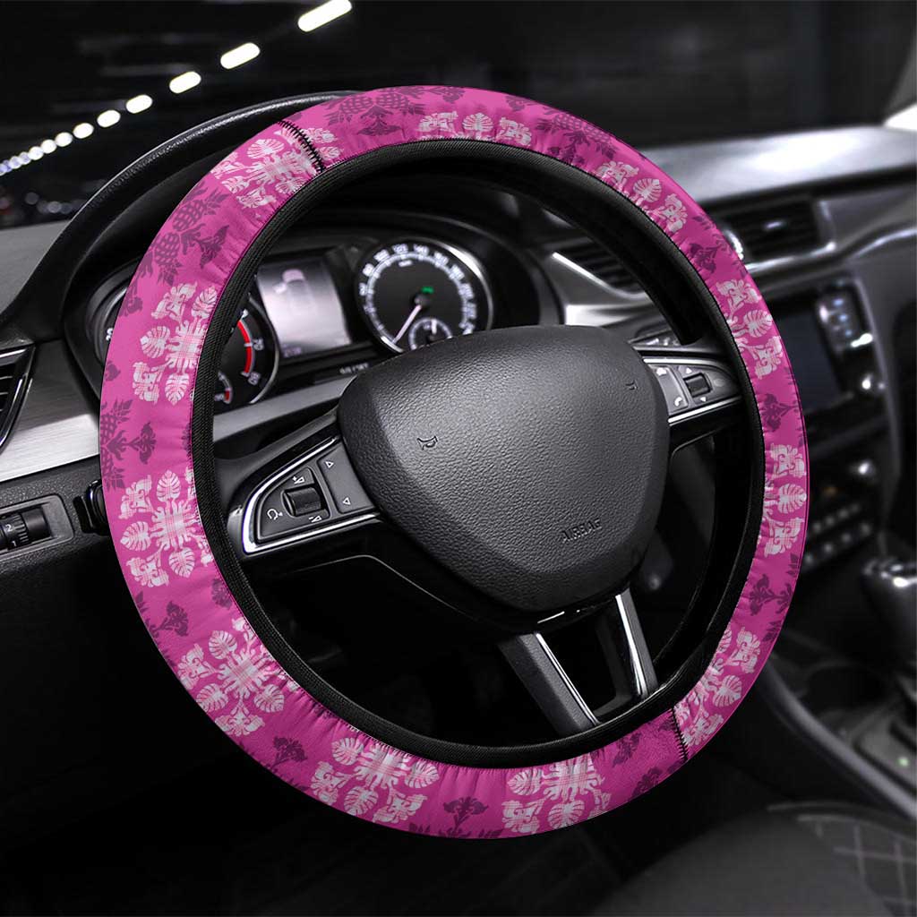 Pink Hawaiian Quilt Steering Wheel Cover Hawaii Pineapple Monstera Palaka Motifs - Polynesian Pride