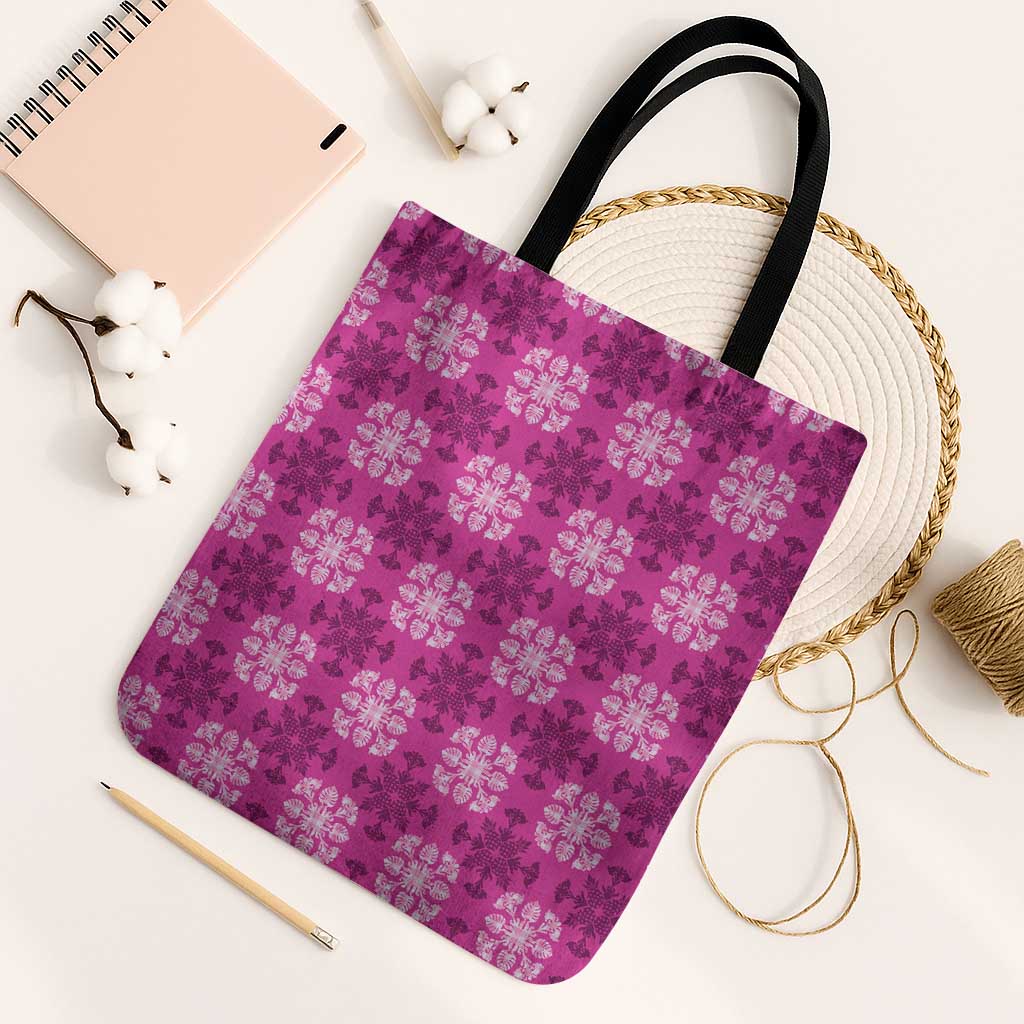 Pink Hawaiian Quilt Tote Bag Hawaii Pineapple Monstera Palaka Motifs - Polynesian Pride