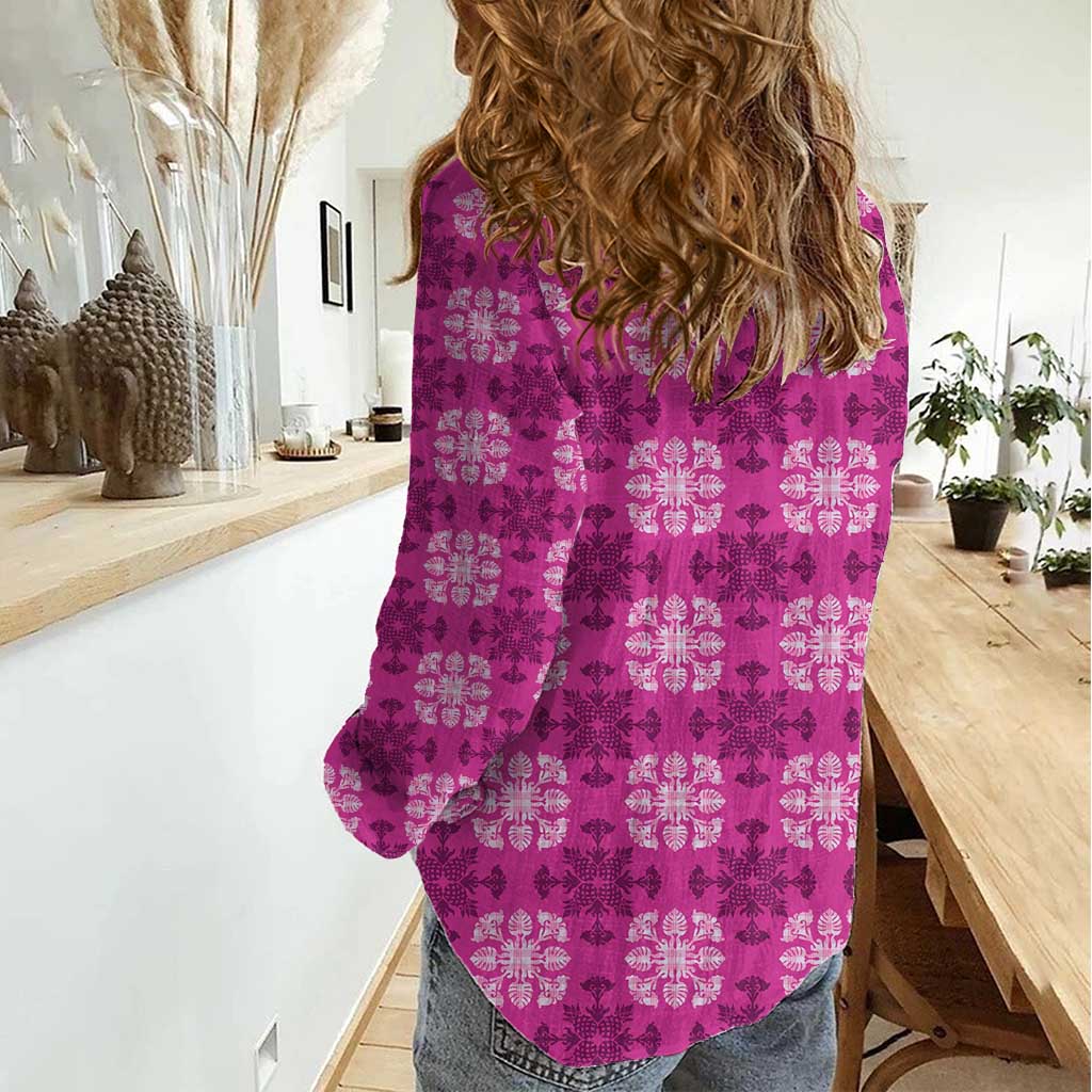 Pink Hawaiian Quilt Women Casual Shirt Hawaii Pineapple Monstera Palaka Motifs - Polynesian Pride
