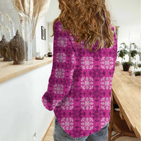 Pink Hawaiian Quilt Women Casual Shirt Hawaii Pineapple Monstera Palaka Motifs - Polynesian Pride