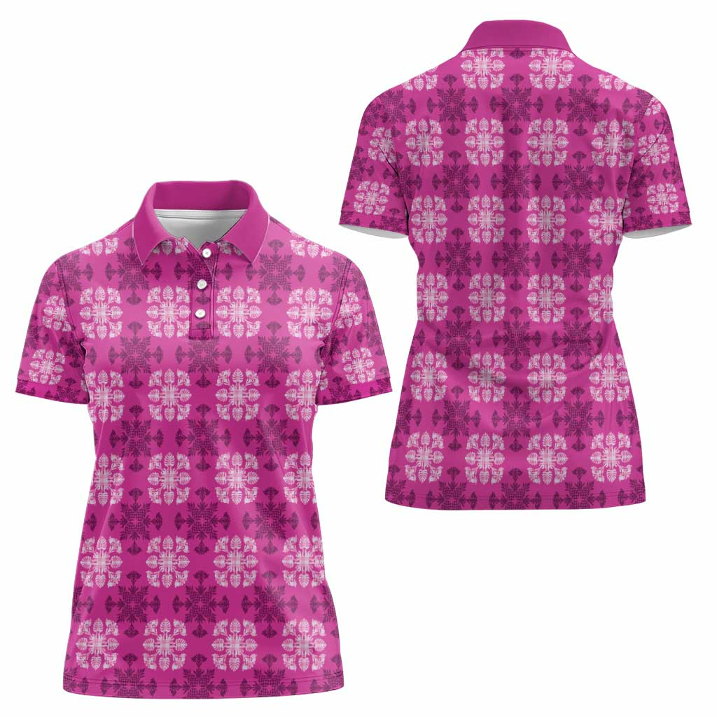Pink Hawaiian Quilt Women Polo Shirt Hawaii Pineapple Monstera Palaka Motifs - Polynesian Pride