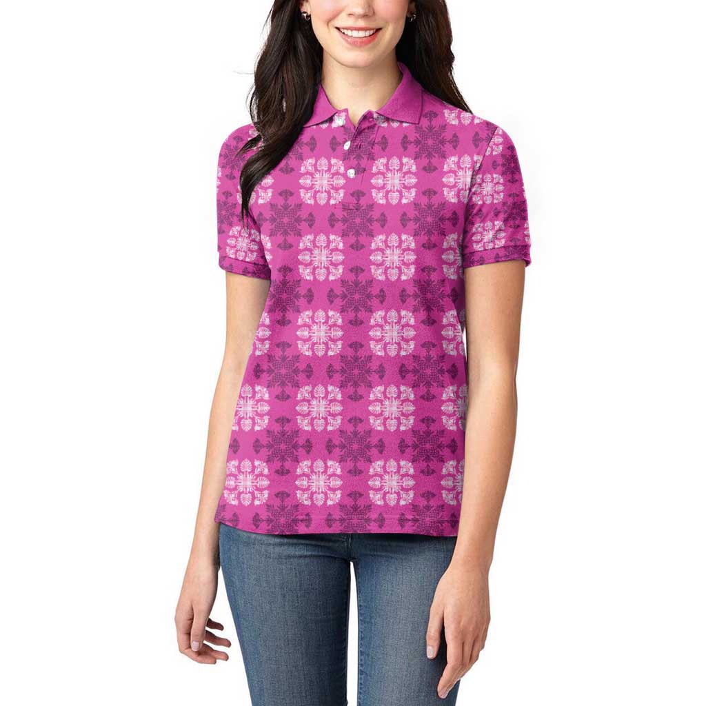 Pink Hawaiian Quilt Women Polo Shirt Hawaii Pineapple Monstera Palaka Motifs - Polynesian Pride