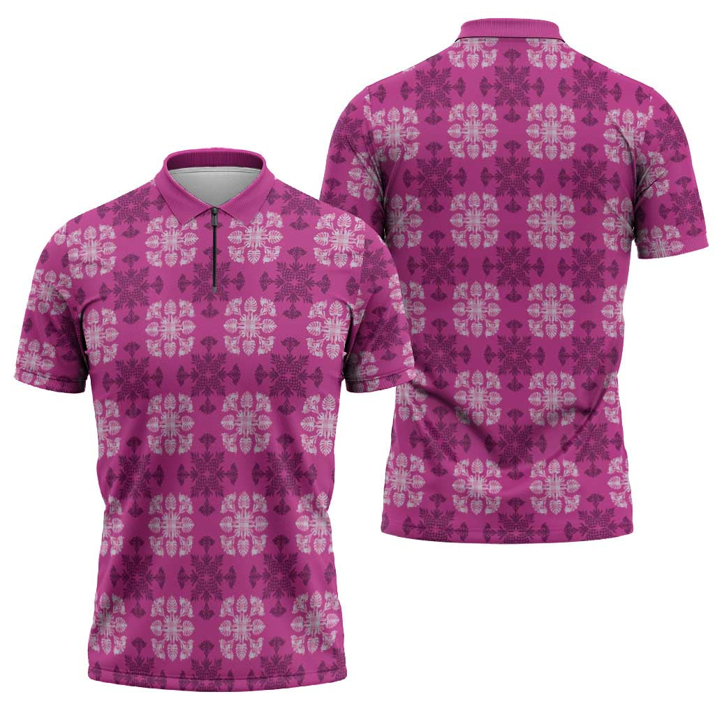 Pink Hawaiian Quilt Zipper Polo Shirt Hawaii Pineapple Monstera Palaka Motifs - Polynesian Pride