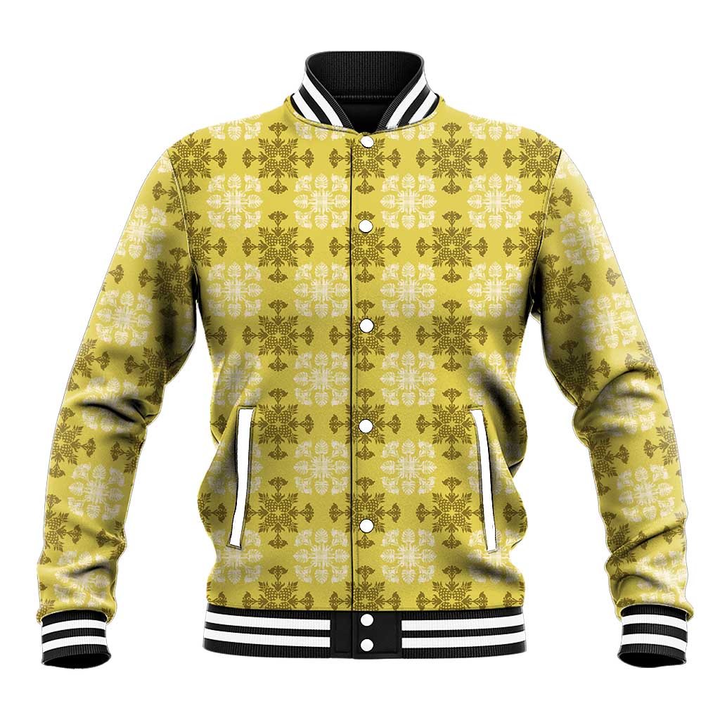 Yellow Hawaiian Quilt Baseball Jacket Hawaii Pineapple Monstera Palaka Motifs - Polynesian Pride