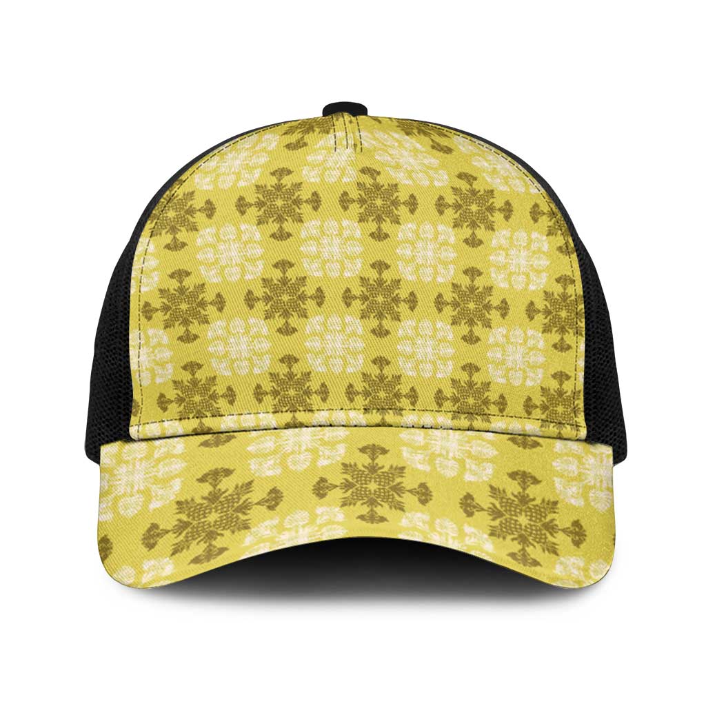 Yellow Hawaiian Quilt Baseball Net Cap Hawaii Pineapple Monstera Palaka Motifs - Polynesian Pride