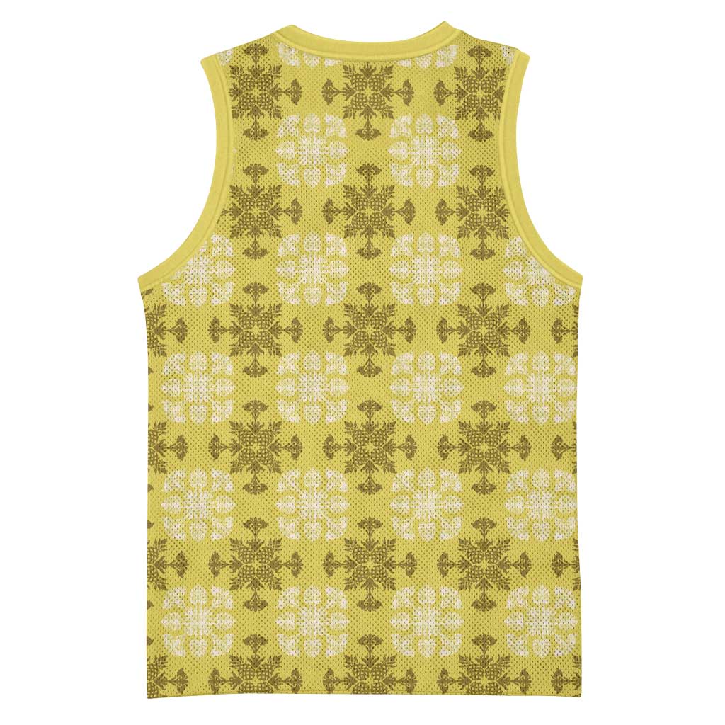 Yellow Hawaiian Quilt Basketball Jersey Hawaii Pineapple Monstera Palaka Motifs - Polynesian Pride