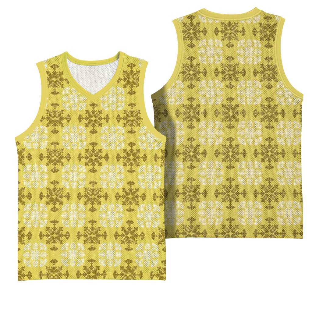 Yellow Hawaiian Quilt Basketball Jersey Hawaii Pineapple Monstera Palaka Motifs - Polynesian Pride