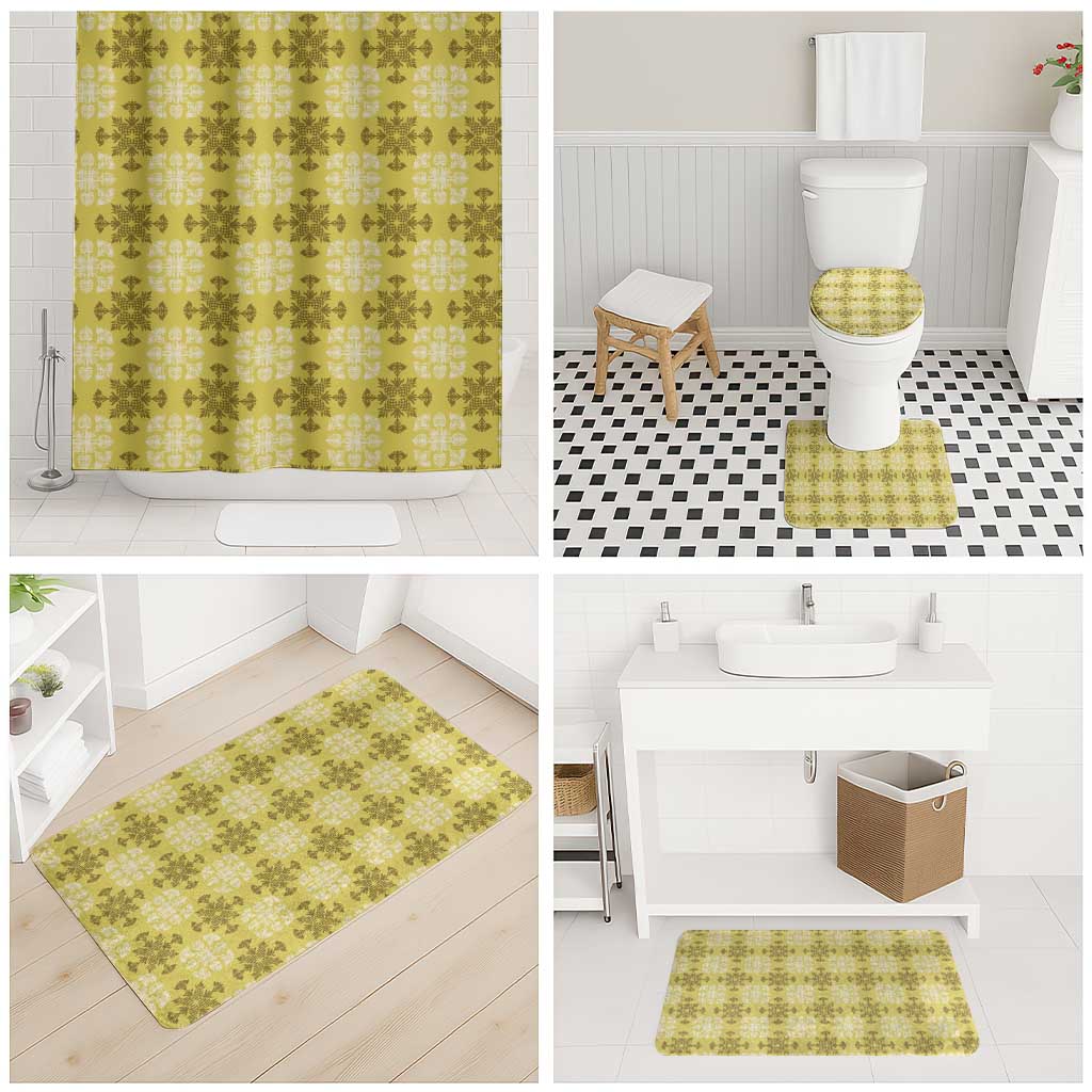 Yellow Hawaiian Quilt Bathroom Set Hawaii Pineapple Monstera Palaka Motifs - Polynesian Pride