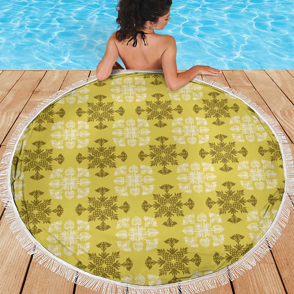 Yellow Hawaiian Quilt Beach Blanket Hawaii Pineapple Monstera Palaka Motifs - Polynesian Pride