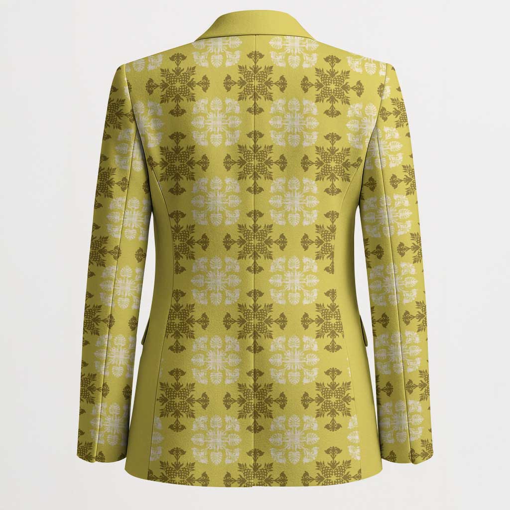 Yellow Hawaiian Quilt Blazer Hawaii Pineapple Monstera Palaka Motifs - Polynesian Pride
