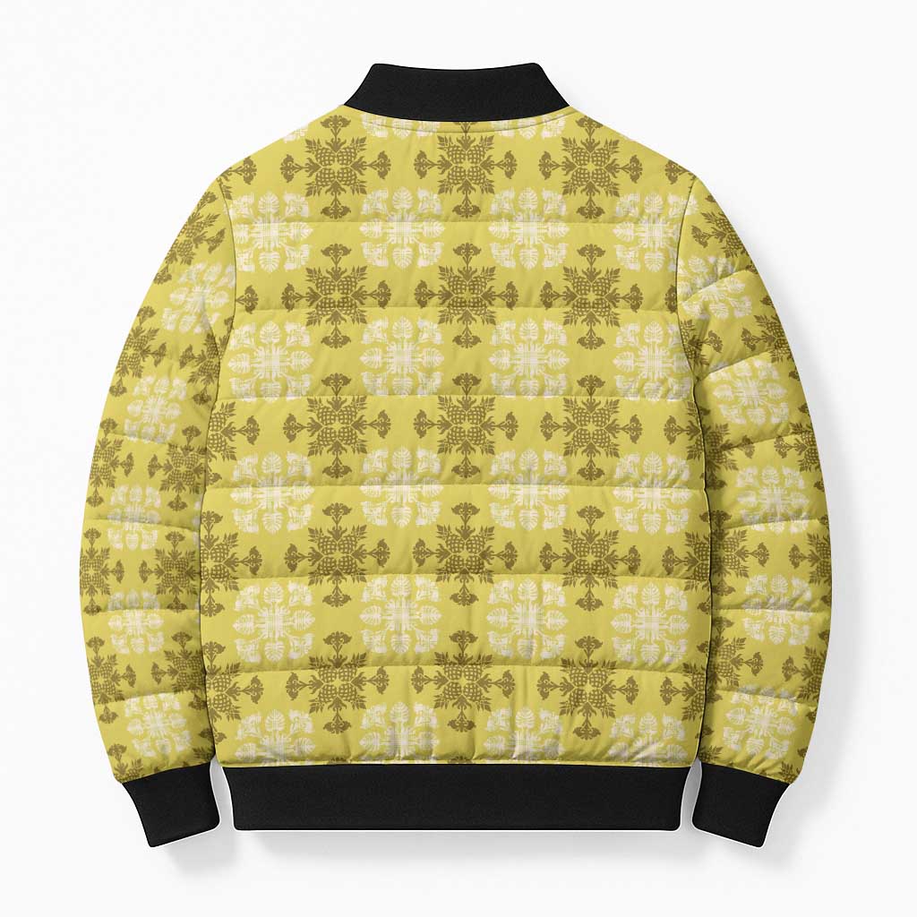 Yellow Hawaiian Quilt Bomber Puffer Jacket Hawaii Pineapple Monstera Palaka Motifs - Polynesian Pride