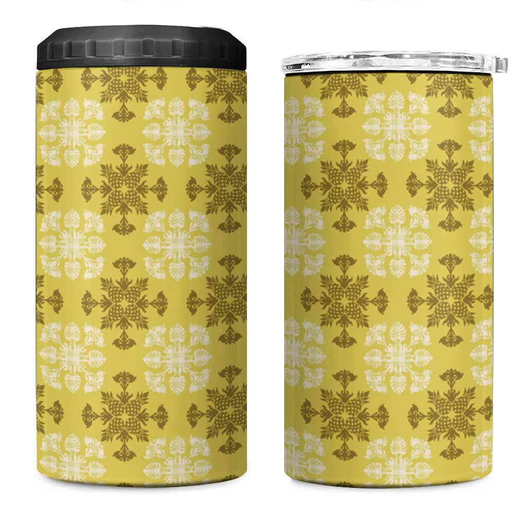 Yellow Hawaiian Quilt 4 in 1 Can Cooler Tumbler Hawaii Pineapple Monstera Palaka Motifs - Polynesian Pride