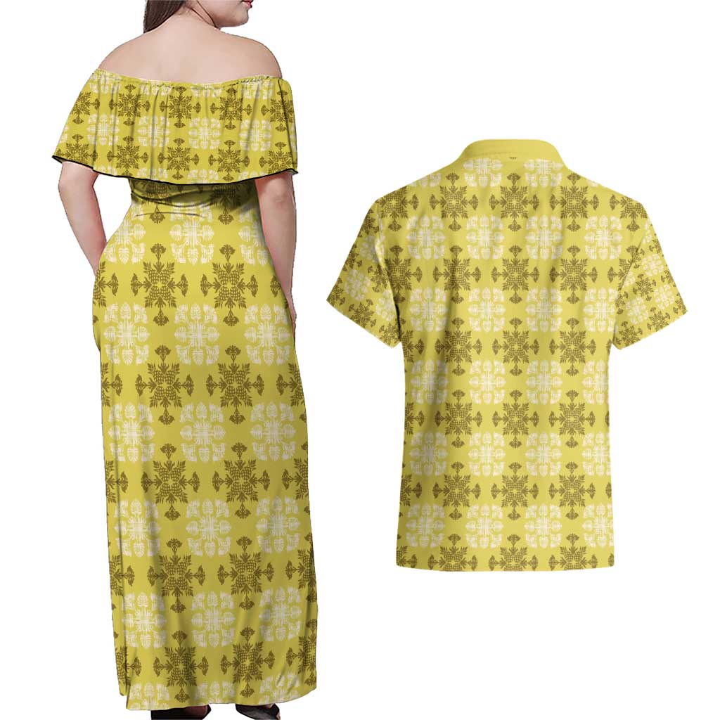 Yellow Hawaiian Quilt Couples Matching Off Shoulder Maxi Dress and Hawaiian Shirt Hawaii Pineapple Monstera Palaka Motifs - Polynesian Pride