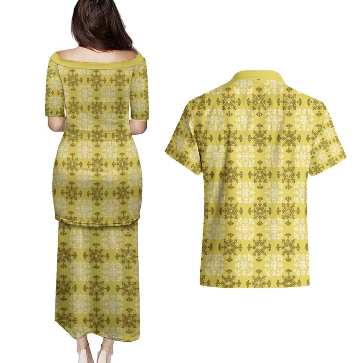 Yellow Hawaiian Quilt Couples Matching Puletasi and Hawaiian Shirt Hawaii Pineapple Monstera Palaka Motifs - Polynesian Pride
