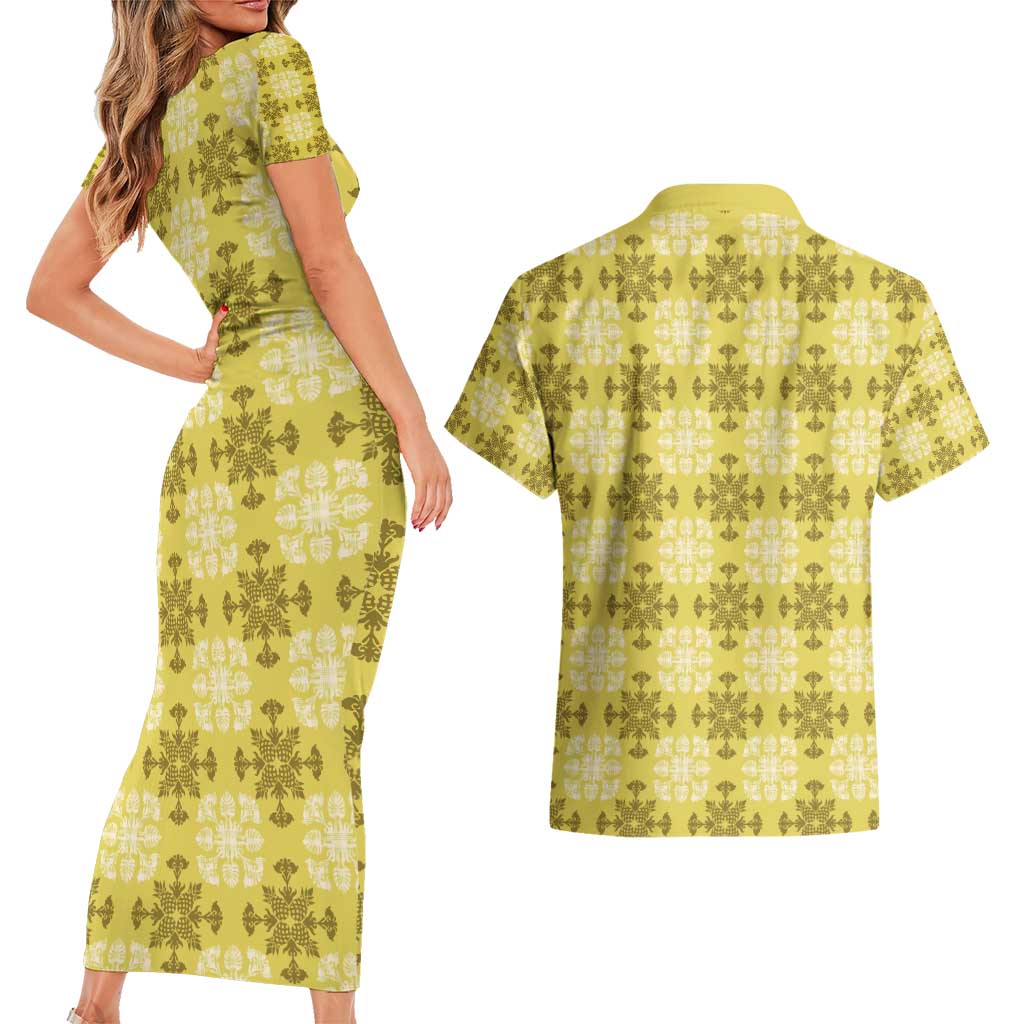 Yellow Hawaiian Quilt Couples Matching Short Sleeve Bodycon Dress and Hawaiian Shirt Hawaii Pineapple Monstera Palaka Motifs - Polynesian Pride
