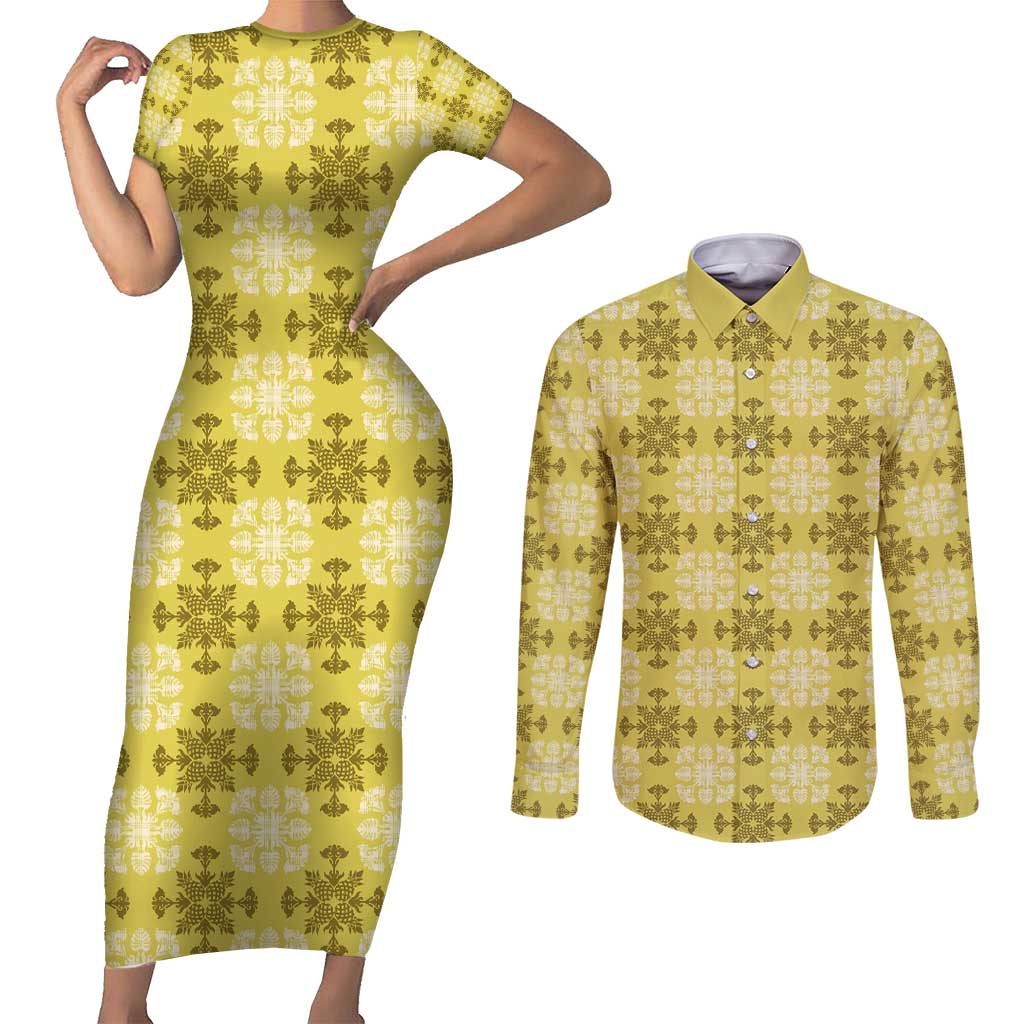 Yellow Hawaiian Quilt Couples Matching Short Sleeve Bodycon Dress and Long Sleeve Button Shirt Hawaii Pineapple Monstera Palaka Motifs - Polynesian Pride