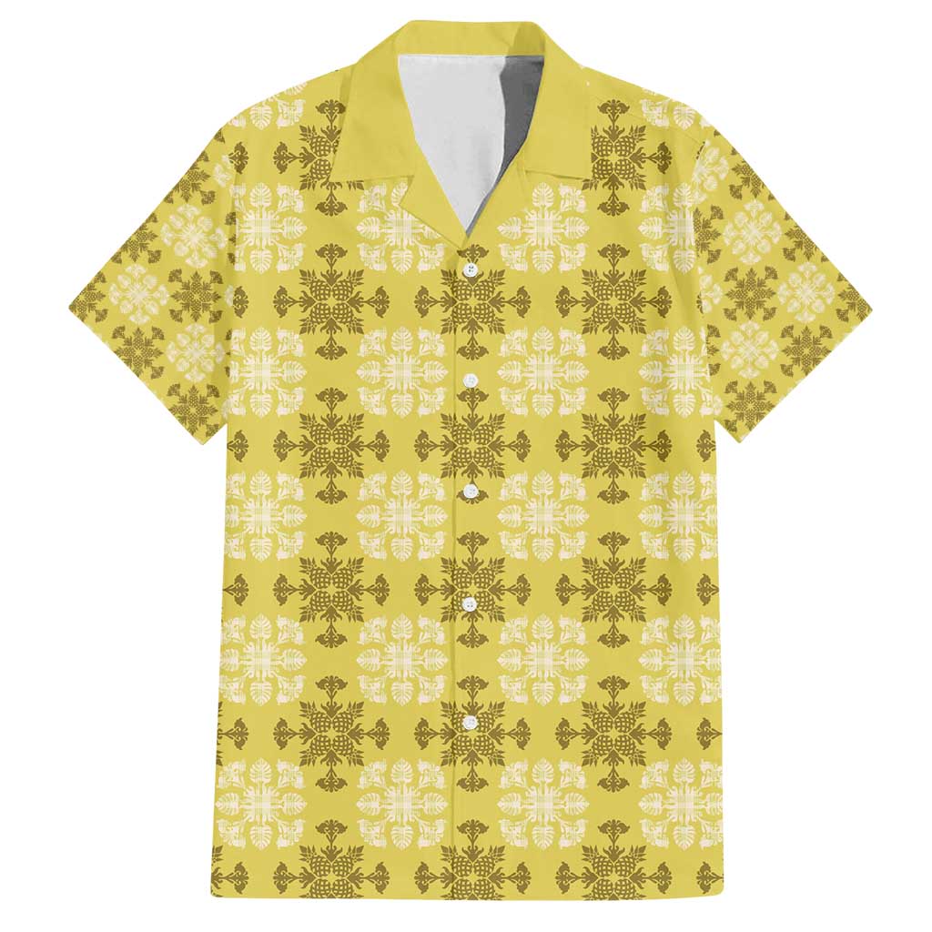Yellow Hawaiian Quilt Family Matching Long Sleeve Bodycon Dress and Hawaiian Shirt Hawaii Pineapple Monstera Palaka Motifs - Polynesian Pride