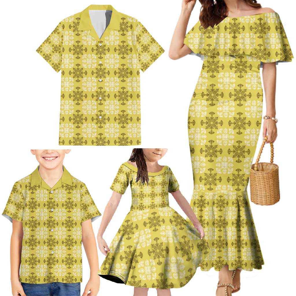 Yellow Hawaiian Quilt Family Matching Mermaid Dress and Hawaiian Shirt Hawaii Pineapple Monstera Palaka Motifs - Polynesian Pride