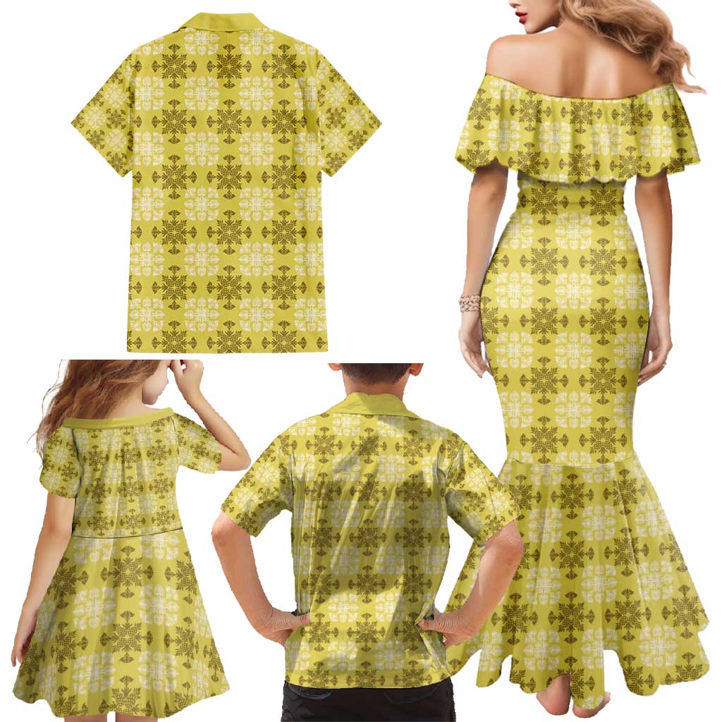 Yellow Hawaiian Quilt Family Matching Mermaid Dress and Hawaiian Shirt Hawaii Pineapple Monstera Palaka Motifs - Polynesian Pride