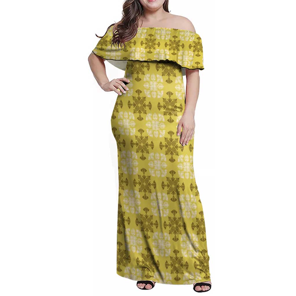 Yellow Hawaiian Quilt Family Matching Off Shoulder Maxi Dress and Hawaiian Shirt Hawaii Pineapple Monstera Palaka Motifs - Polynesian Pride