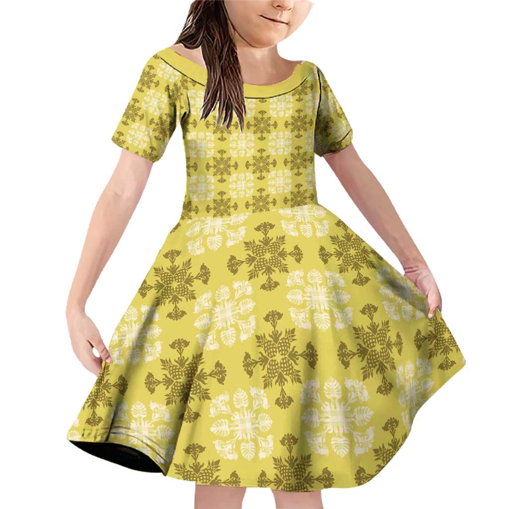 Yellow Hawaiian Quilt Family Matching Off Shoulder Short Dress and Hawaiian Shirt Hawaii Pineapple Monstera Palaka Motifs - Polynesian Pride