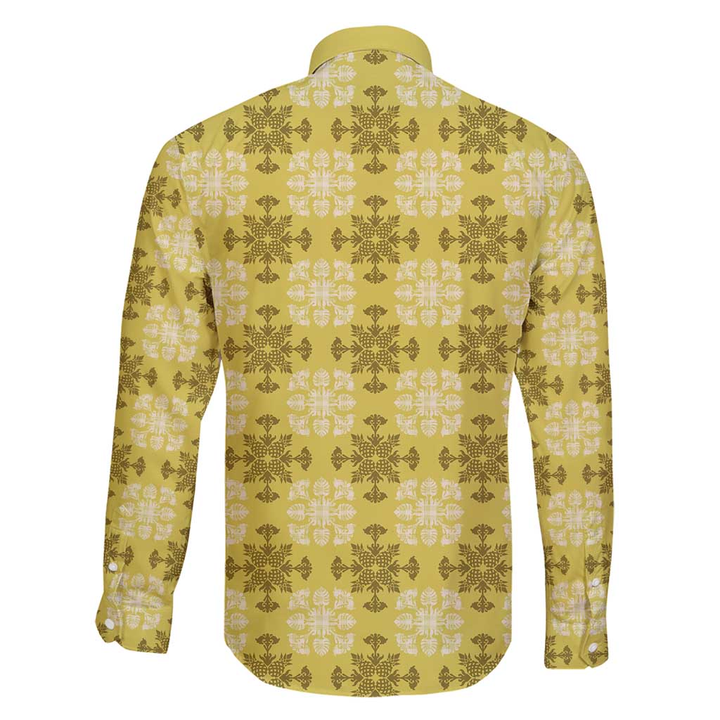 Yellow Hawaiian Quilt Family Matching Off Shoulder Short Dress and Hawaiian Shirt Hawaii Pineapple Monstera Palaka Motifs - Polynesian Pride