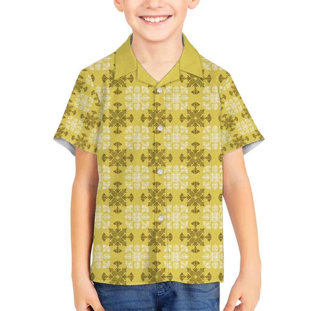 Yellow Hawaiian Quilt Family Matching Off Shoulder Short Dress and Hawaiian Shirt Hawaii Pineapple Monstera Palaka Motifs - Polynesian Pride