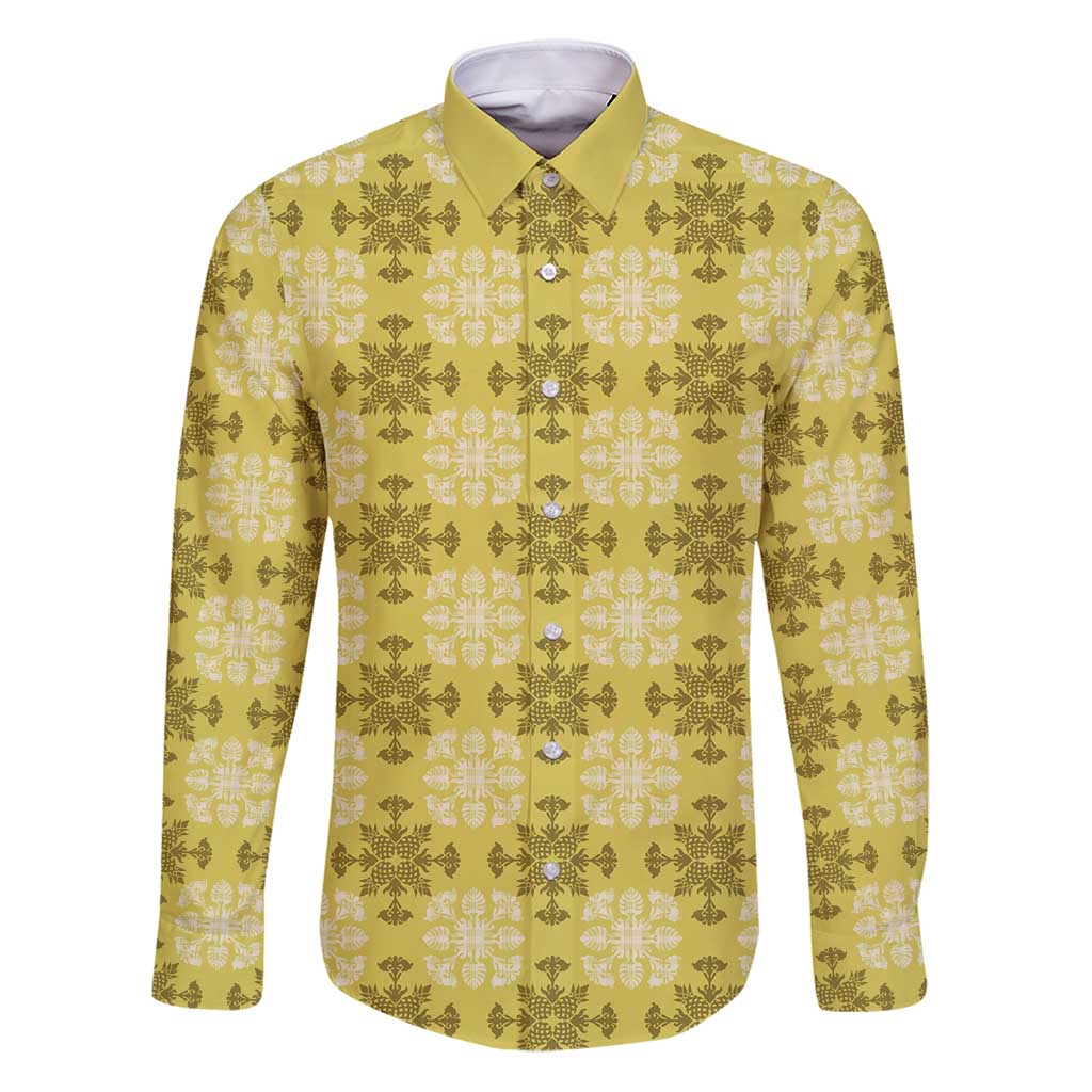 Yellow Hawaiian Quilt Family Matching Puletasi and Hawaiian Shirt Hawaii Pineapple Monstera Palaka Motifs - Polynesian Pride