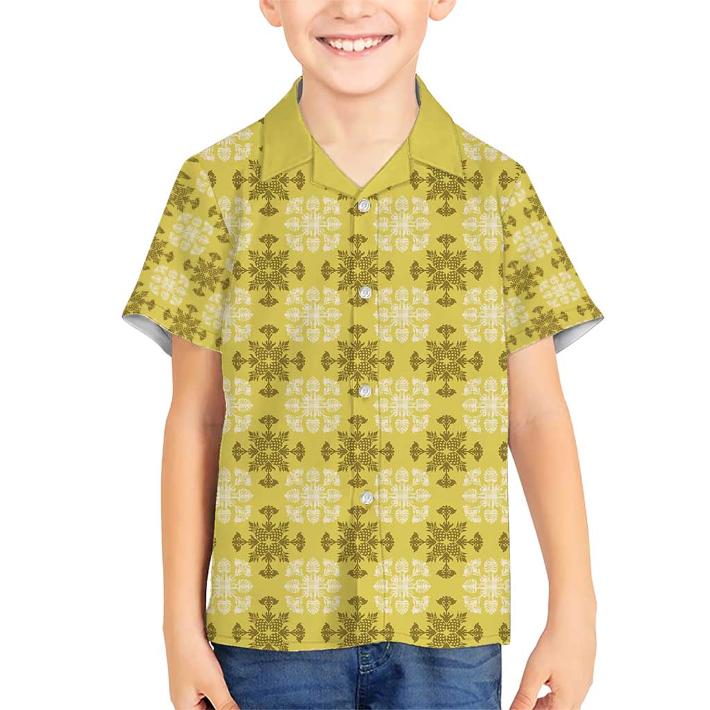 Yellow Hawaiian Quilt Family Matching Short Sleeve Bodycon Dress and Hawaiian Shirt Hawaii Pineapple Monstera Palaka Motifs - Polynesian Pride