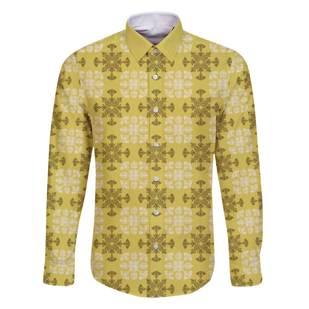 Yellow Hawaiian Quilt Family Matching Summer Maxi Dress and Hawaiian Shirt Hawaii Pineapple Monstera Palaka Motifs - Polynesian Pride