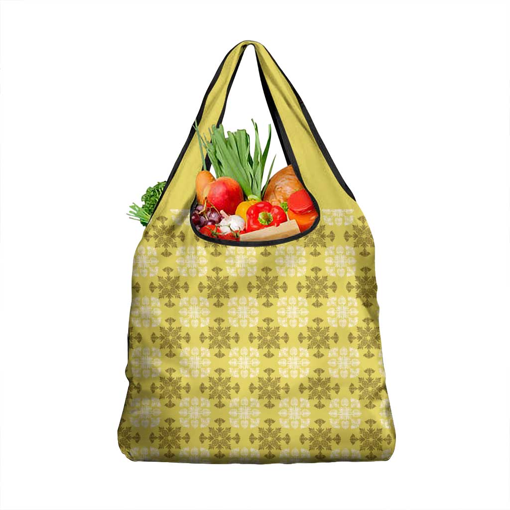 Yellow Hawaiian Quilt Grocery Bag Hawaii Pineapple Monstera Palaka Motifs - Polynesian Pride