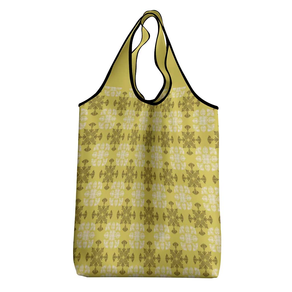 Yellow Hawaiian Quilt Grocery Bag Hawaii Pineapple Monstera Palaka Motifs - Polynesian Pride