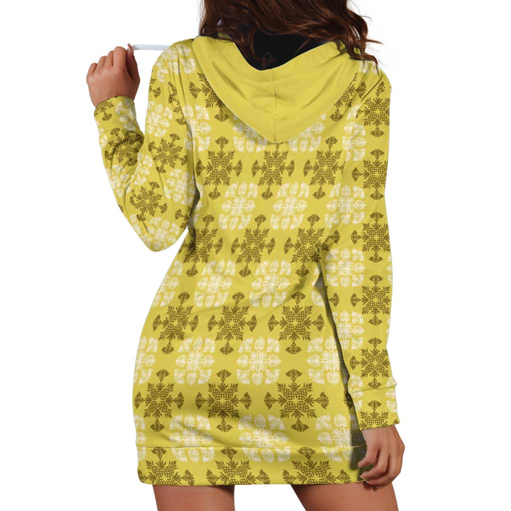 Yellow Hawaiian Quilt Hoodie Dress Hawaii Pineapple Monstera Palaka Motifs - Polynesian Pride